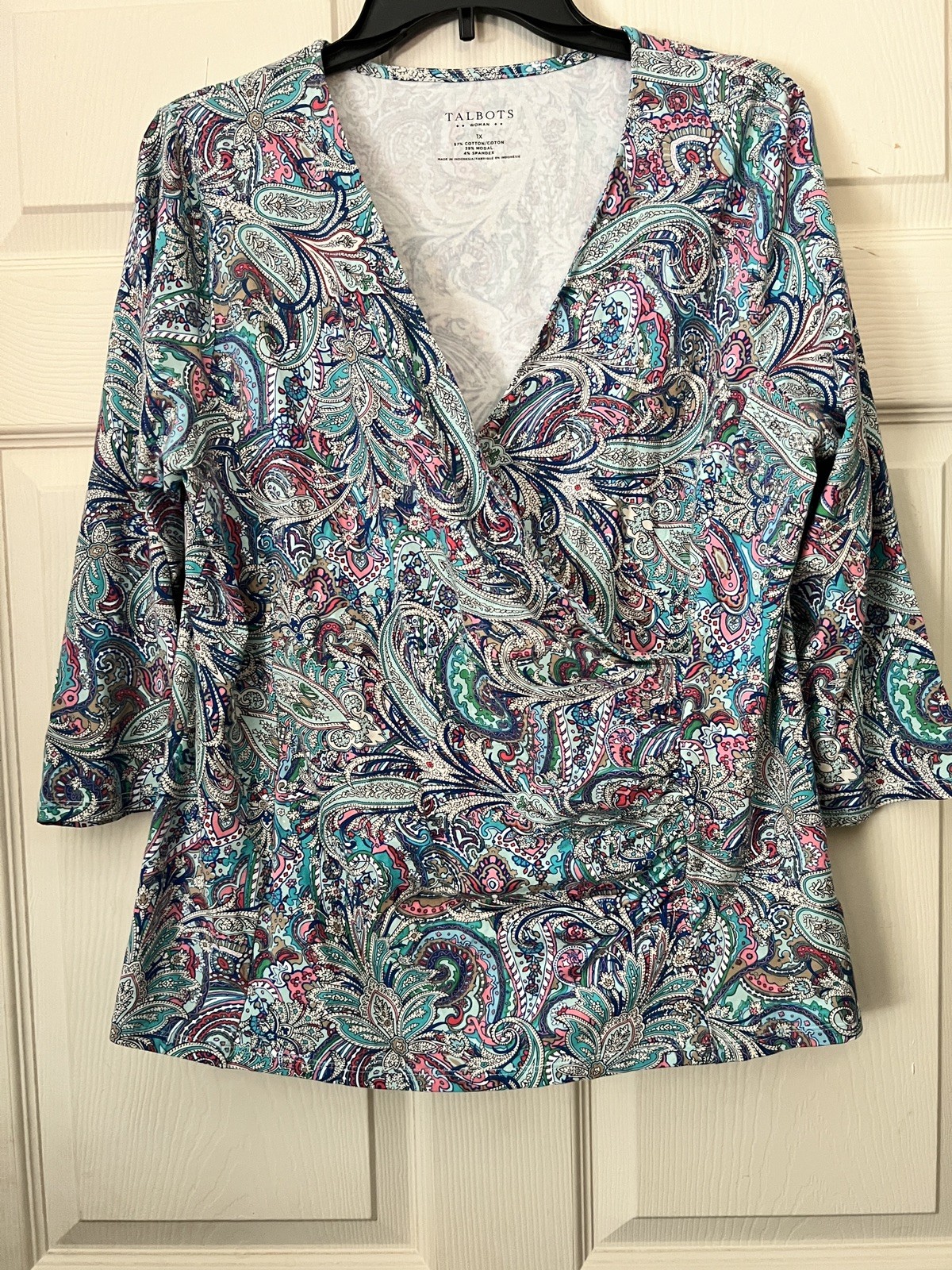 Talbots Womens 1 X Paisley Faux Wrap Top 3/4 Sleeve Blue Pink Blouse Colorful