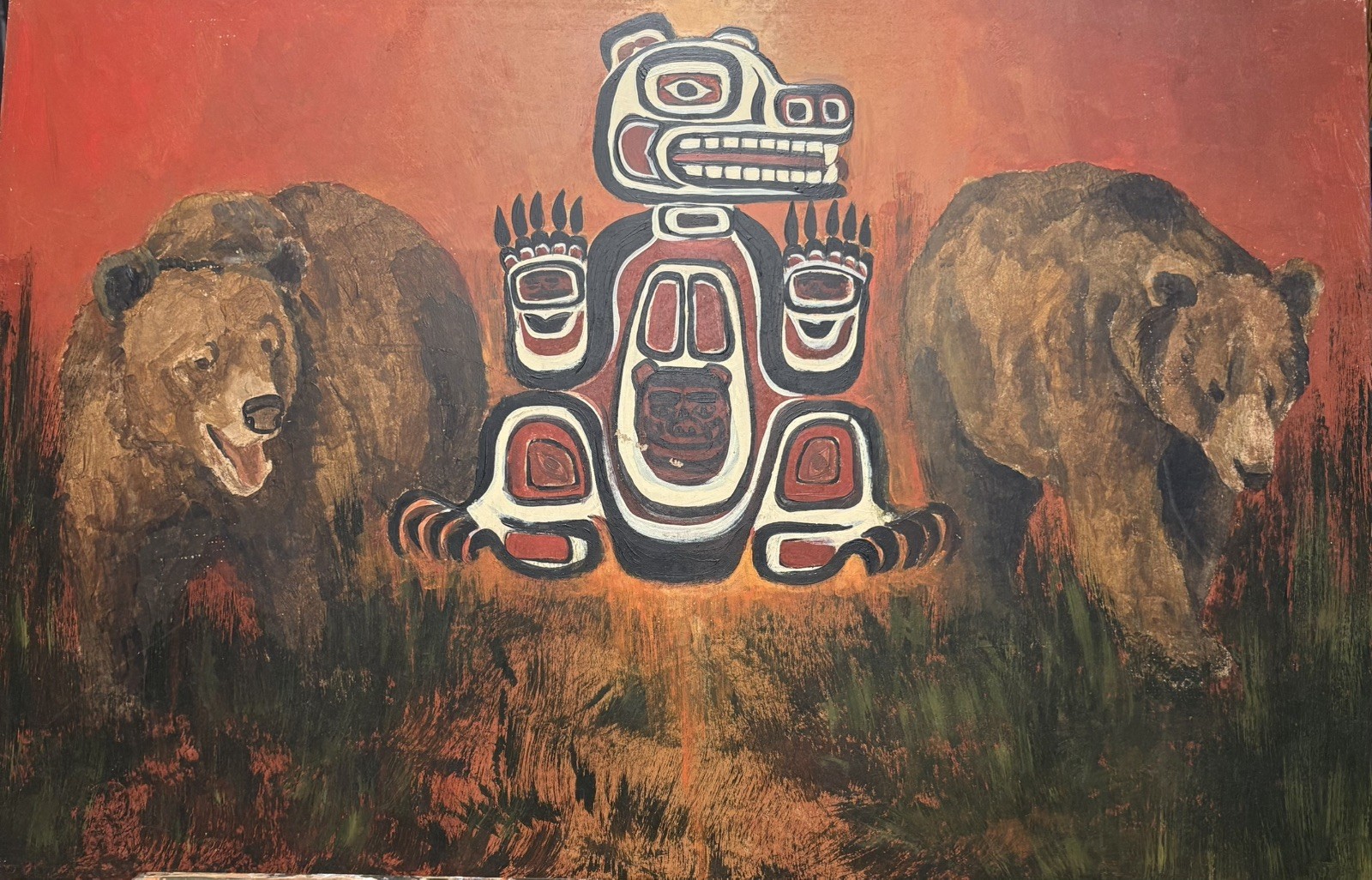 Native American Painting TOTEM & bears original by PNW artist  WOW