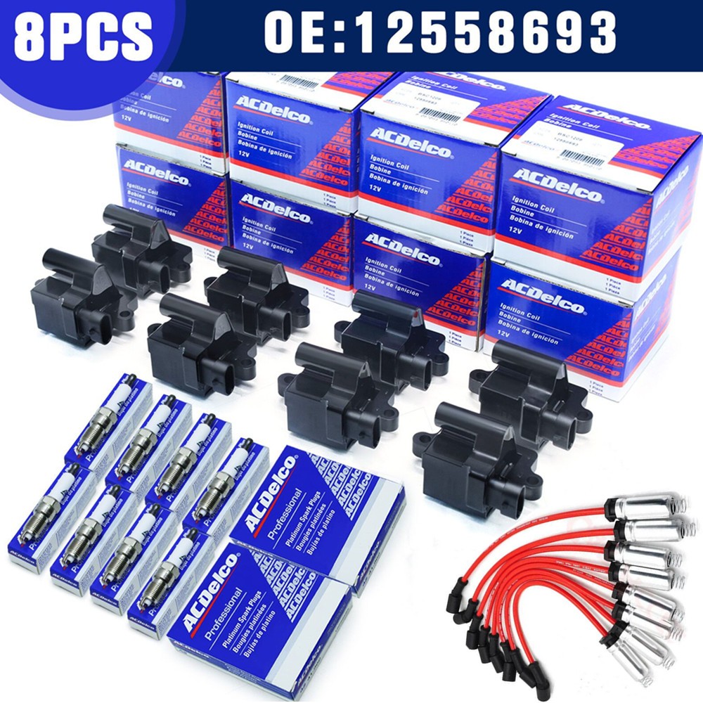 8PCS Square Ignition Coil  Spark Plug Wire For Chevy GMC 4.8L 5.3L 6.0L 8.1L.