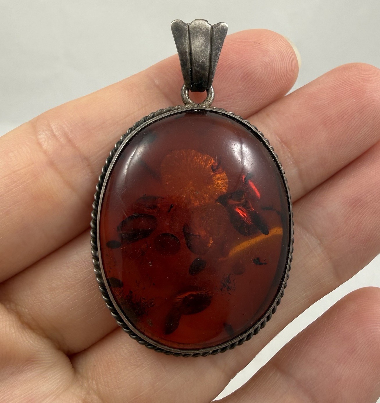 Vintage Big Baltic Amber  925 Sterling Silver Pendant 7 Grams
