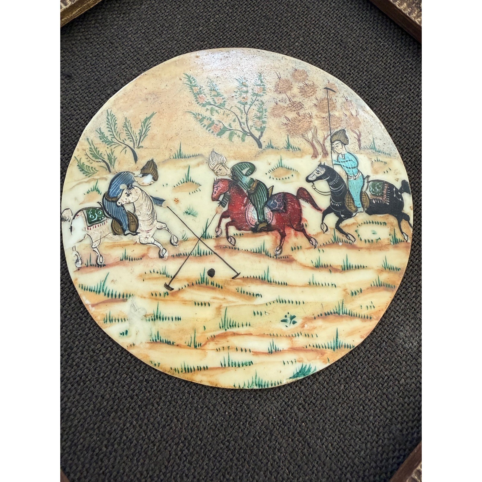 Vintage Persian Miniature Painting Set Hand Painted Polo & Village Scenes Framed Vintage Persian Miniature Painting Set Hand Painted Polo & Village Scenes Framed