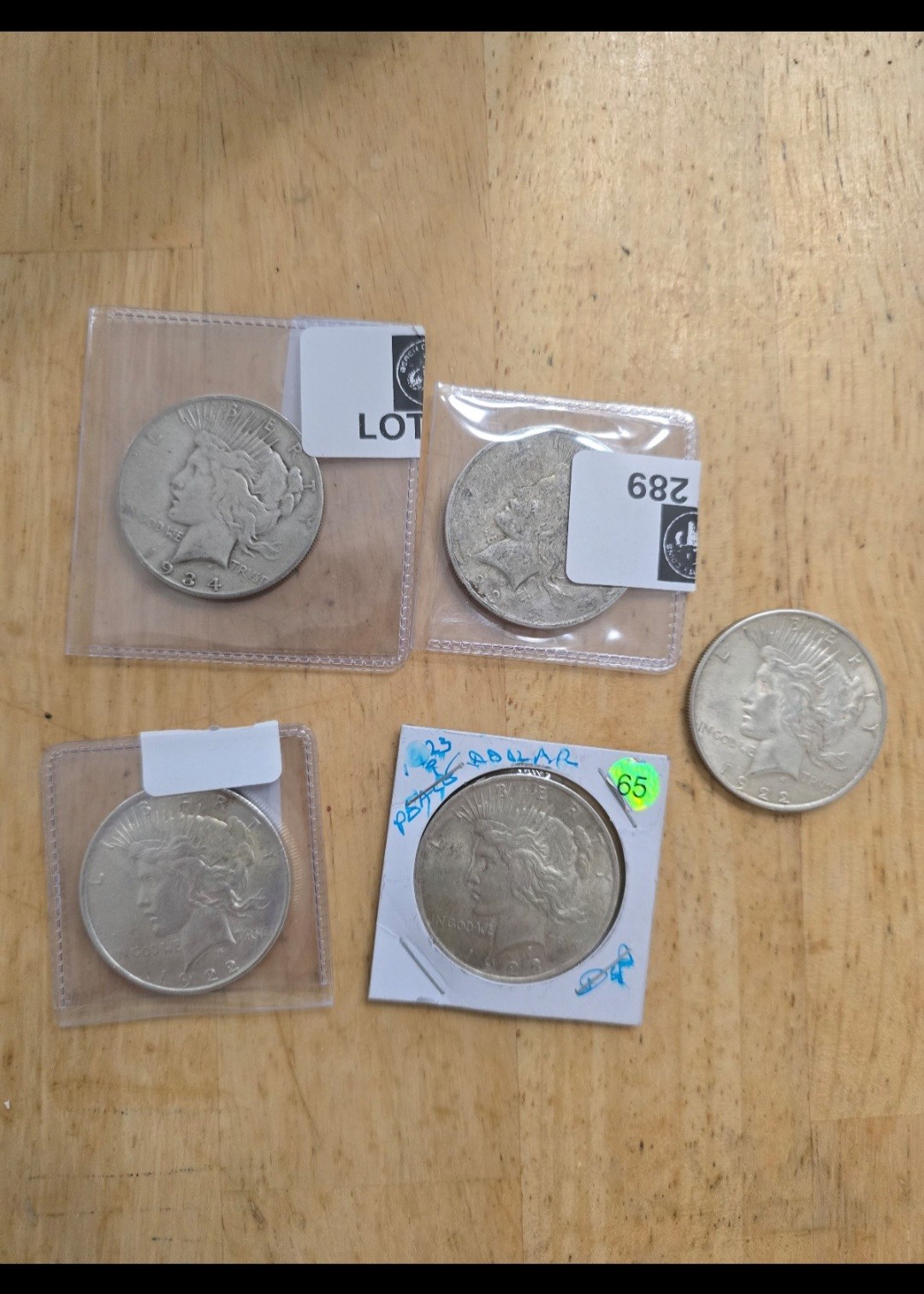 Lot Of 5 Silver Peace Dollars 1934 S Better Date, 1923, 3x 1922 Lot Of 5 Silver Peace Dollars 1934 S Better Date, 1923, 3x 1922