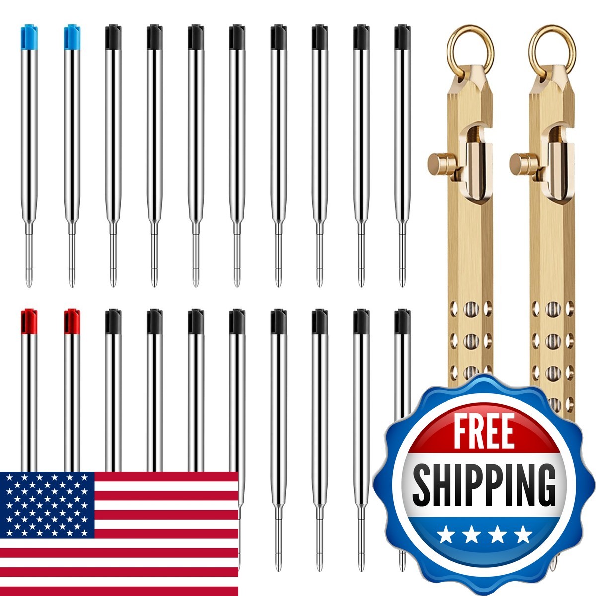 Origin-Joy 2 Pack Bolt Action Pen Set Solid Brass EDC Tactical Pen 20 Refills