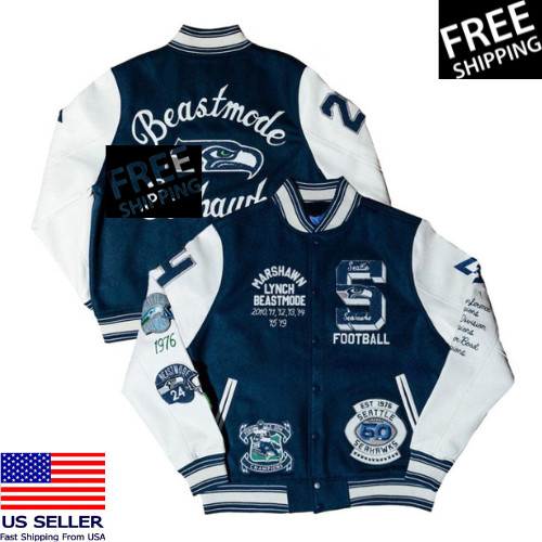 Marshawn Lynch Seattle Seahawks Legacy Beastmode Varsity Wool and Leather Jacket