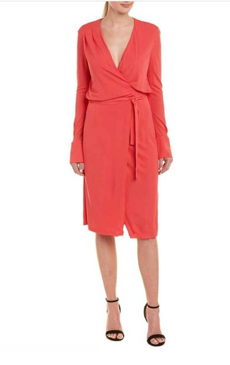 Reiss Grace Wrap Dress US 2 UK 6 Watermelon Pink Slinky Cocktail Midi NWT