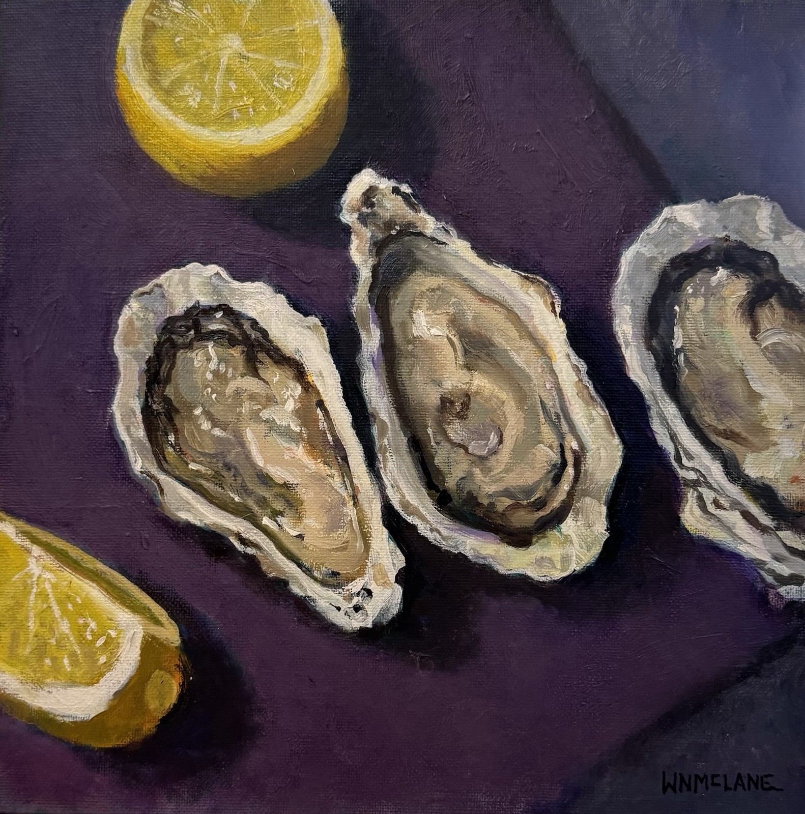 Original New Impressionist Still Life Lemons Oysters Half Shell Oil Canvas Board