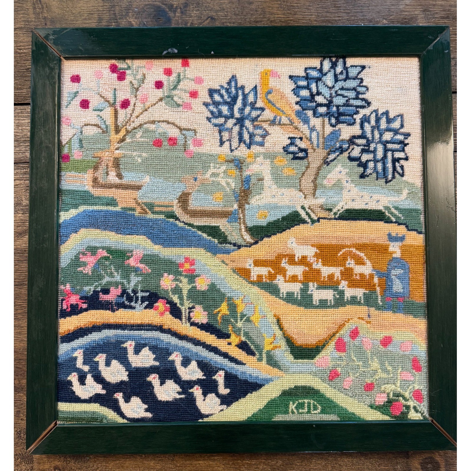 Vintage 1986 Erica Wilson MMA Needlepoint Framed Art Shepherd Swans Stags KJD