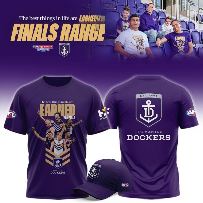 Fremantle Dockers 2026 EARNED Finals Range Special New Tee Shirt Fremantle Dockers 2026 EARNED Finals Range Special New Tee Shirt