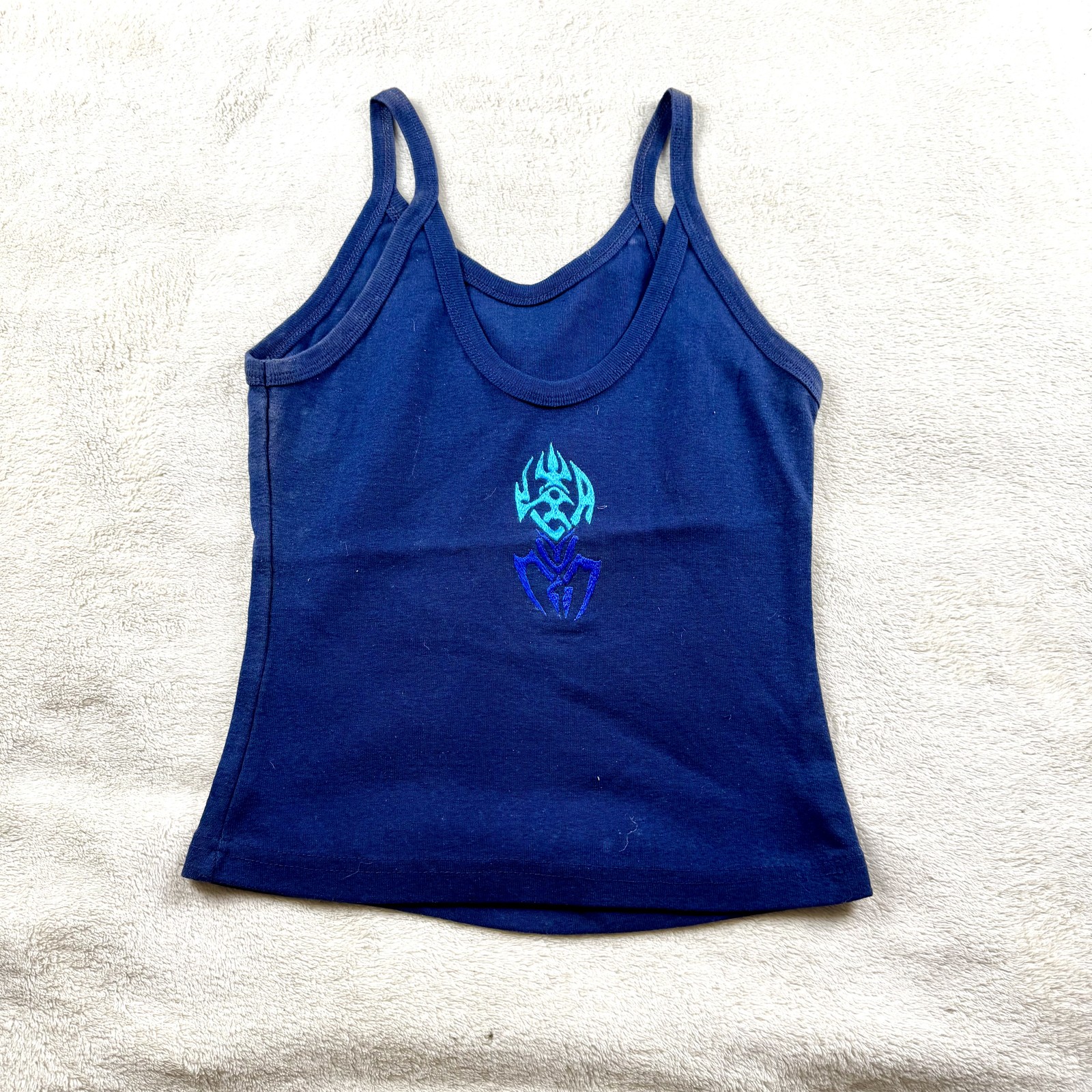 Vintage Woman\'s S Tank Top Blue Embroidered Tribal Y2K Crop Cami 100% Cotton 