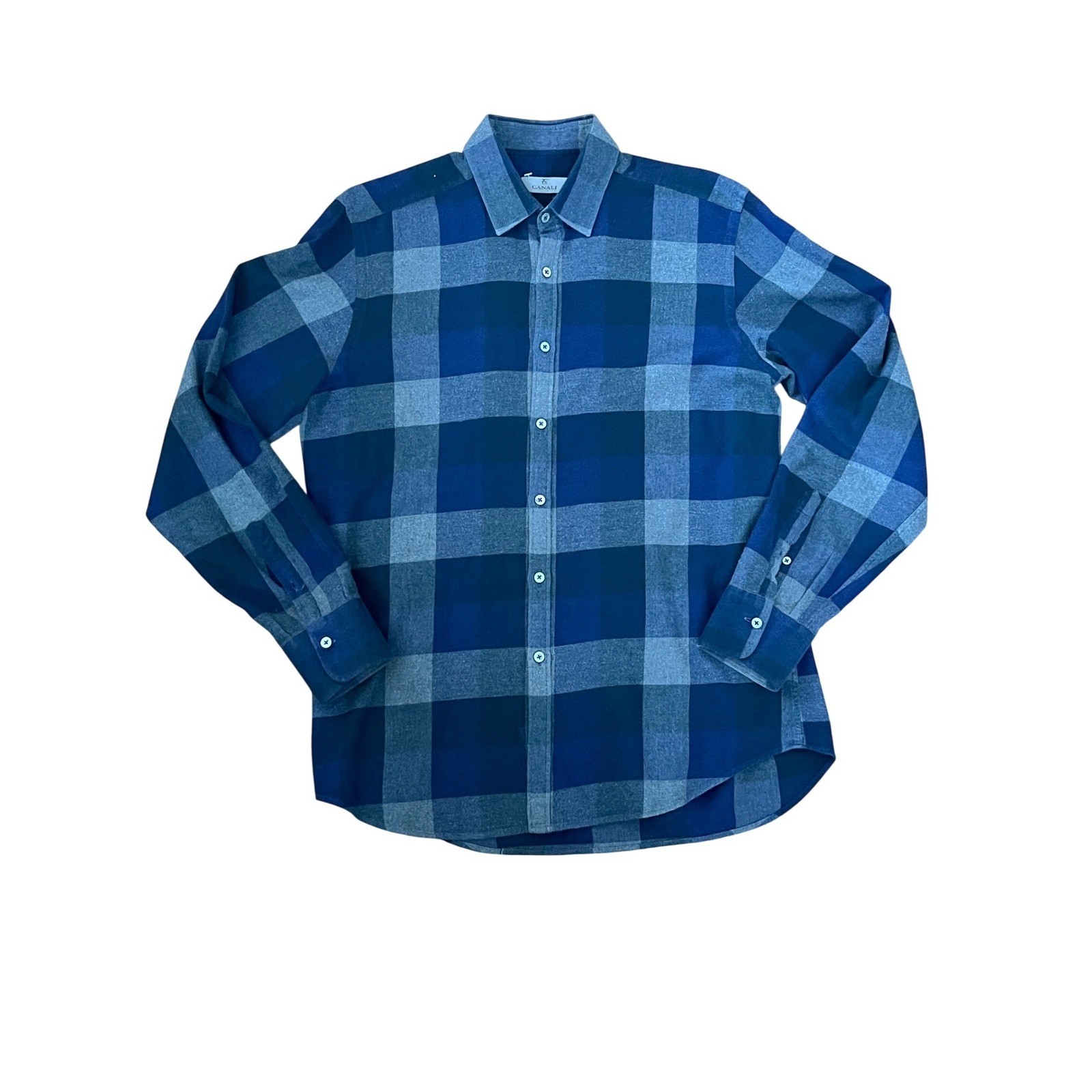Canali Men\'s 1934 Plaid Light Flannel Button Down Shirt Size L Made in Italy