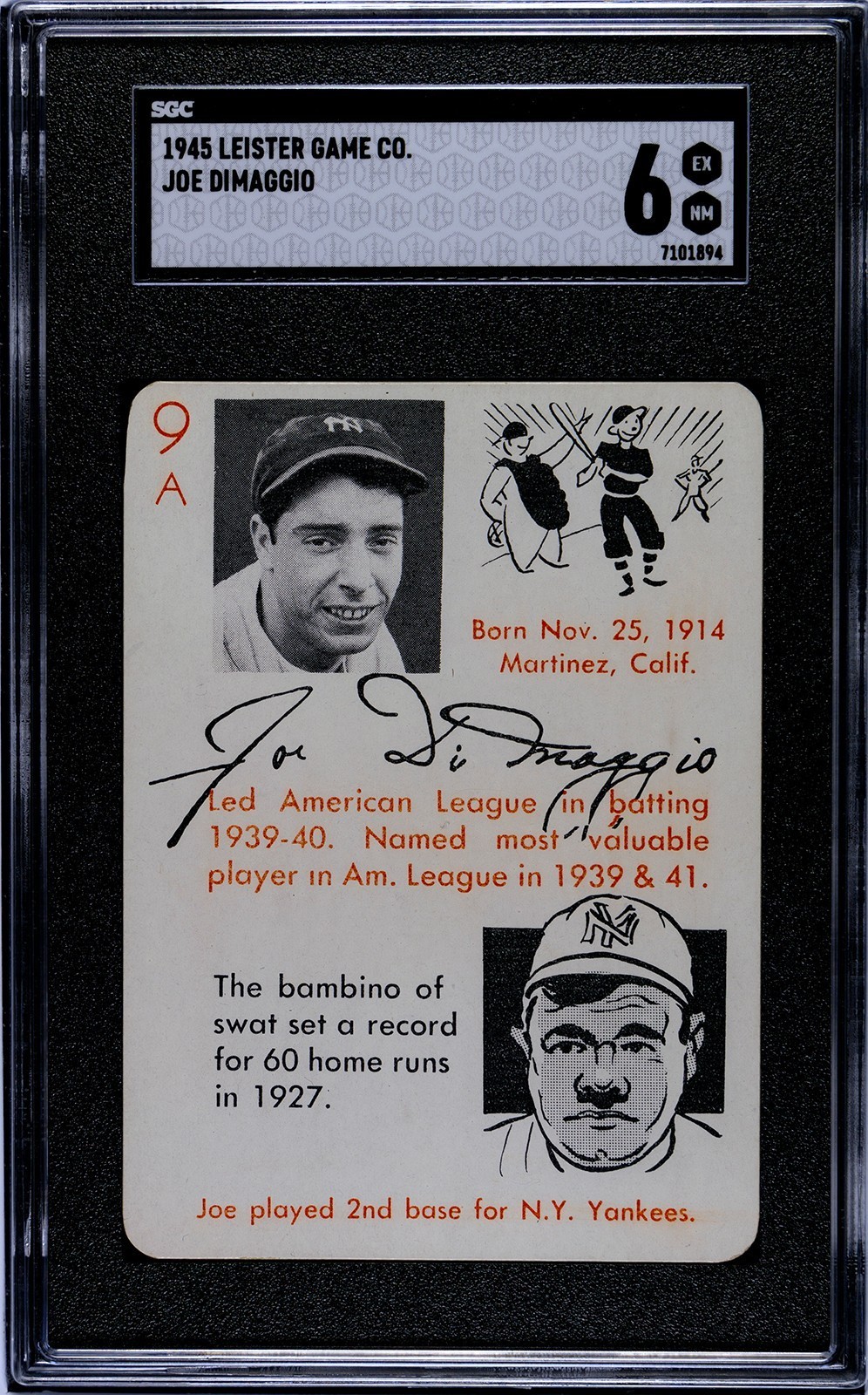 1945 Leister Autographs Game #9A Joe Dimaggio + Babe Ruth NY Yankees POP 3 SGC 6