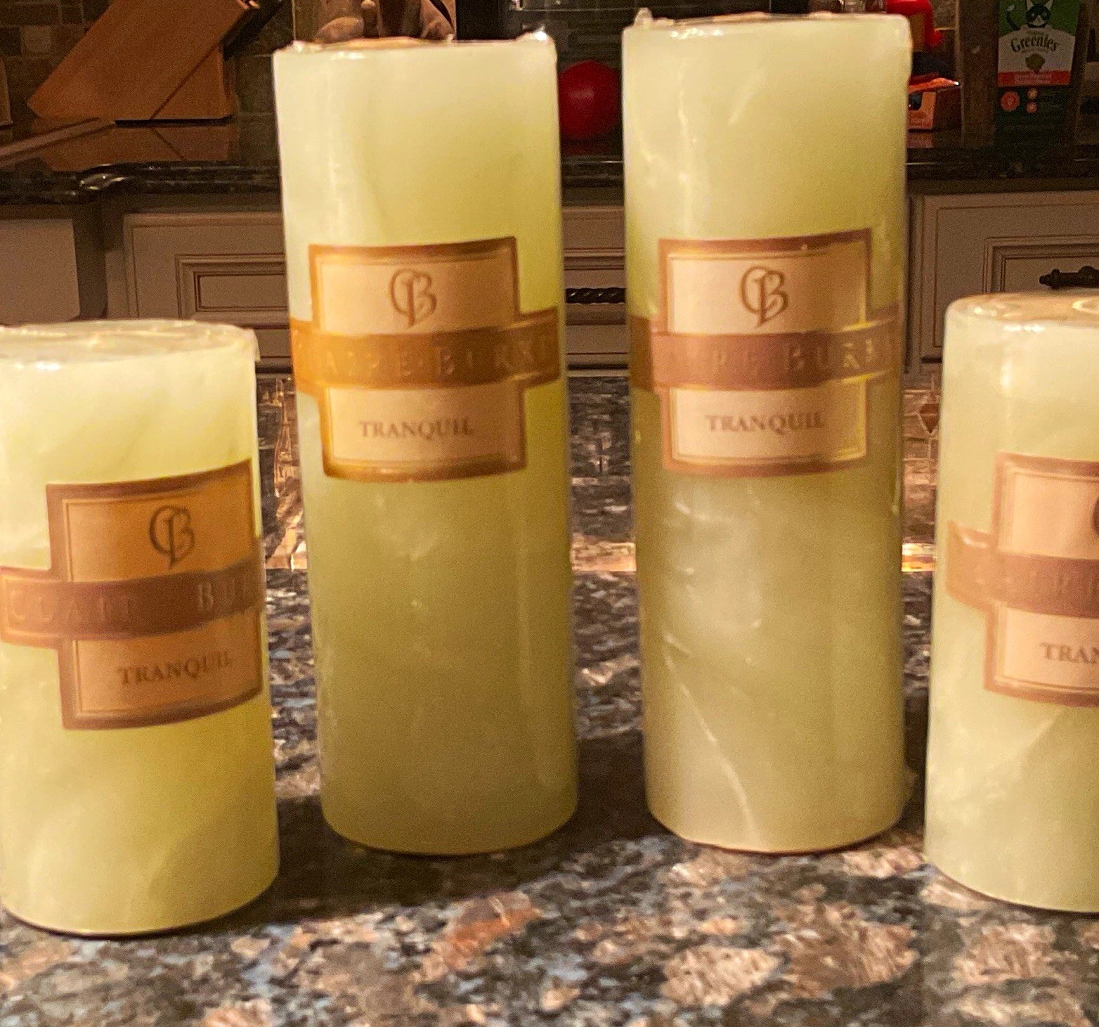 4 Claire Burke Tranquil Eucalyptus Bouquet Scented Green Pillar Candles