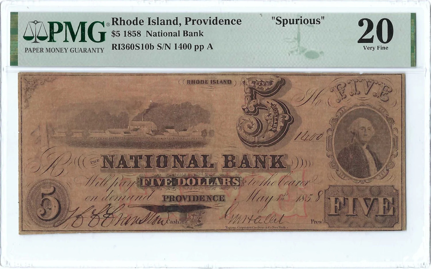 1858 $5 Large Size U.S. Obsolete Currency Note, Providence, RI, spurious 1858 $5 Large Size U.S. Obsolete Currency Note, Providence, RI, spurious