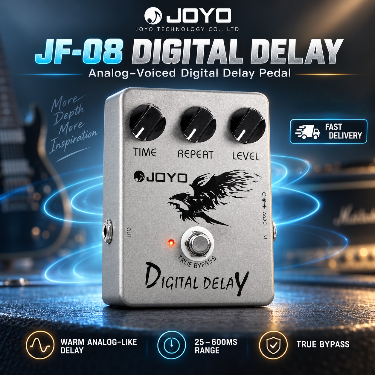 JOYO Digital Delay Guitar Pedal Range True Bypass Time/Repeat/Level Open Box