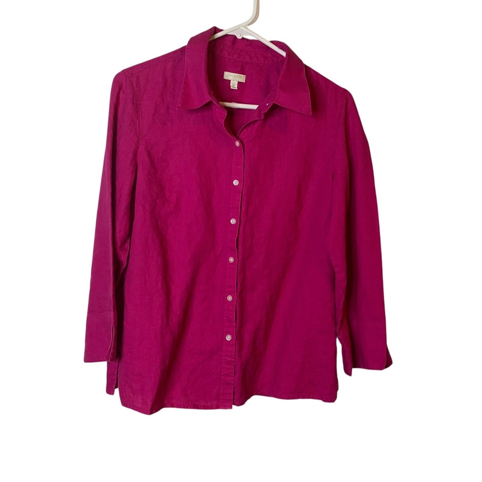Talbots Womens 10P Pink 100% Linen 3/4 Sleeve Button Down Shirt Blouse