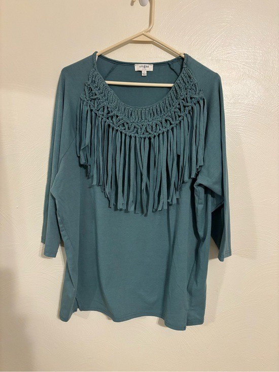 Umgee Teal Crochet Fringe Boho Top Women’s Large 3/4 Sleeve