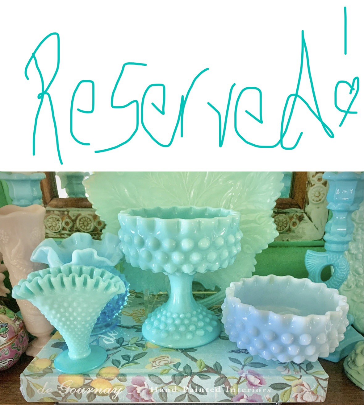 RESERVED FOR C  HTF FENTON PASTEL TURQUOISE MILKGLASS HOBNAIL FAN VASE 1950s