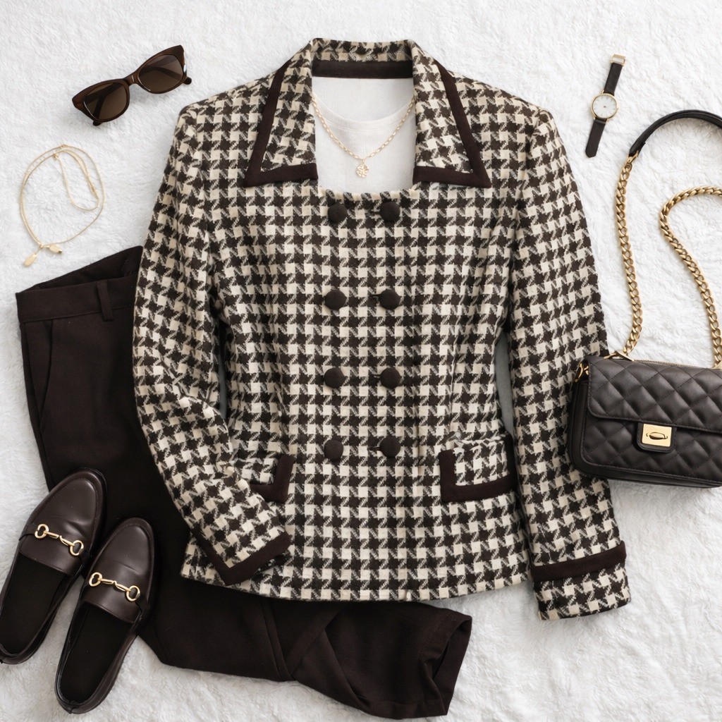Kasper for ASL 100% Wool Houndstooth Double Breasted Blazer Women\'s Size 12 Y2K