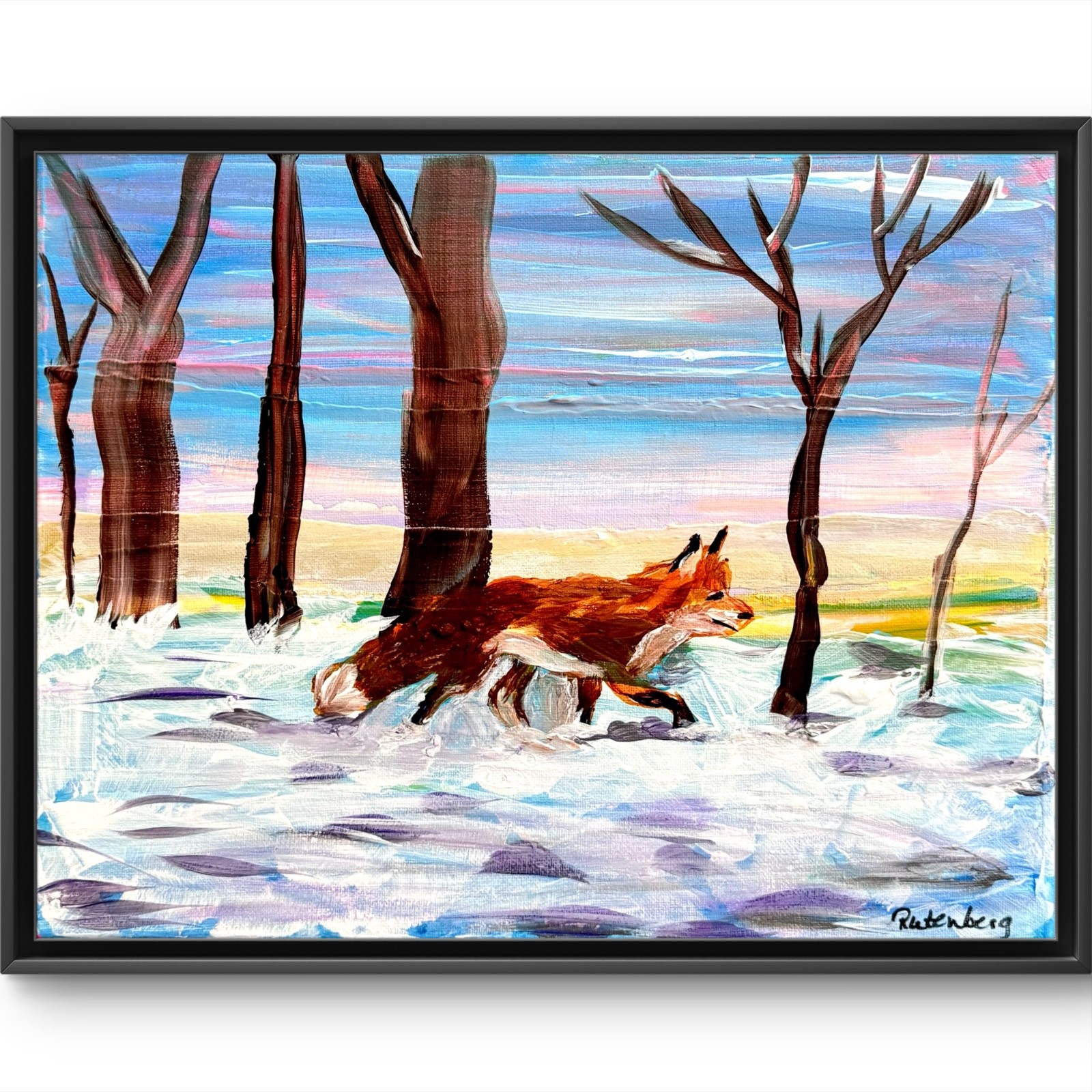Rutenberg Original 11x14 Folk Fox Running Winter Forest Painting Canvas 563