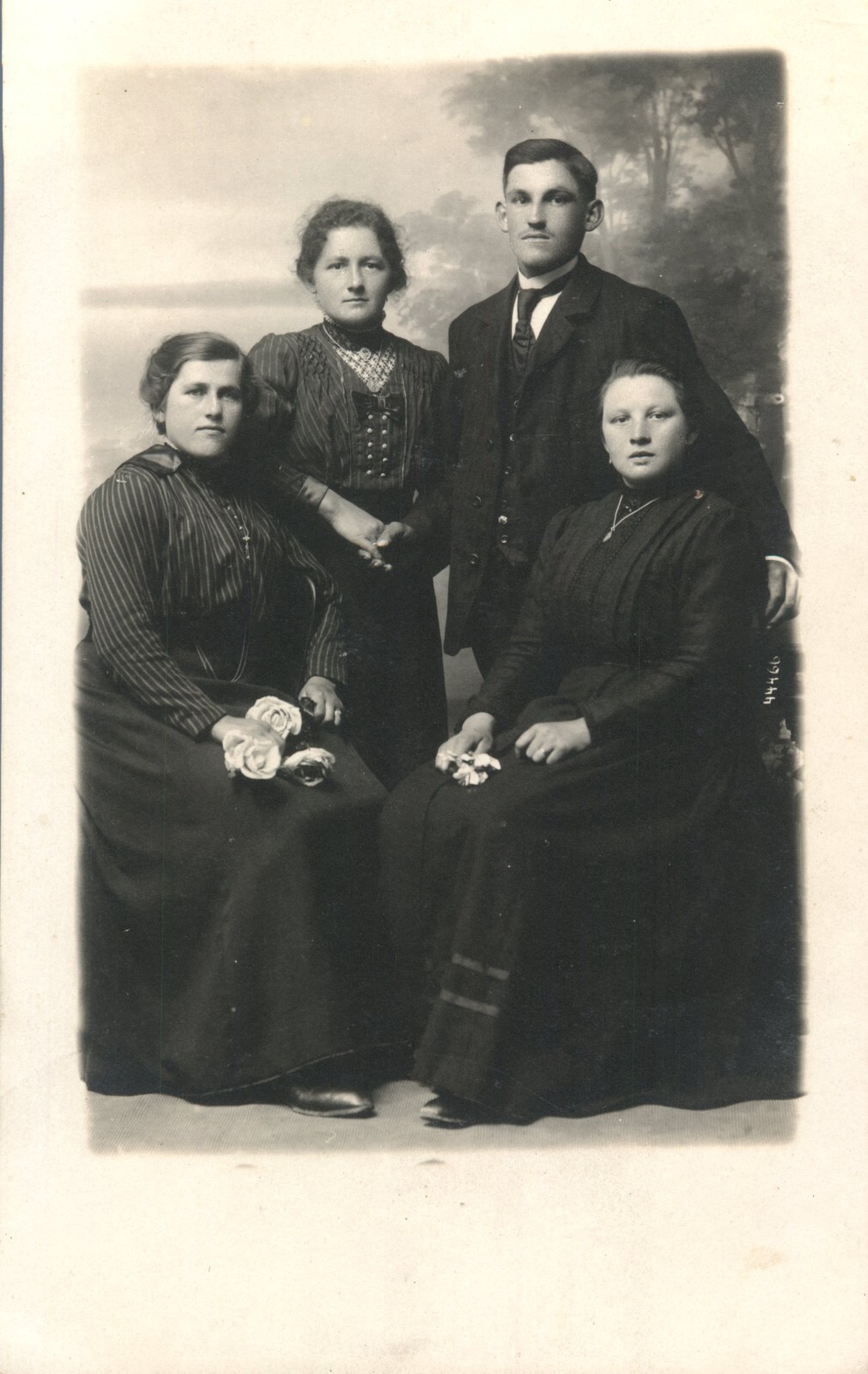 Vintage 1890\'s Mother & SIsters In Black Dress With Dapper Young Lad RPPC