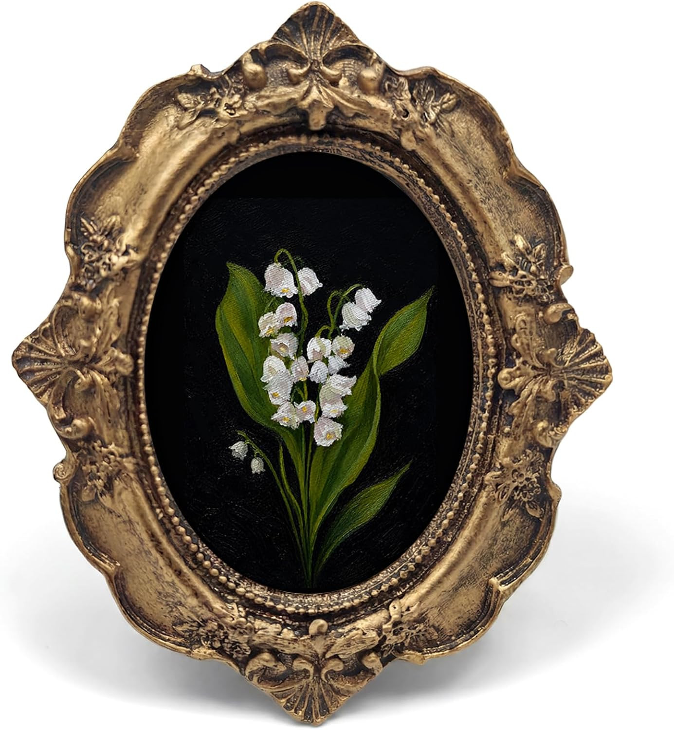 Vintage Flower Lily of the Valley Small Oval Picture Frame, Dark Academia Black