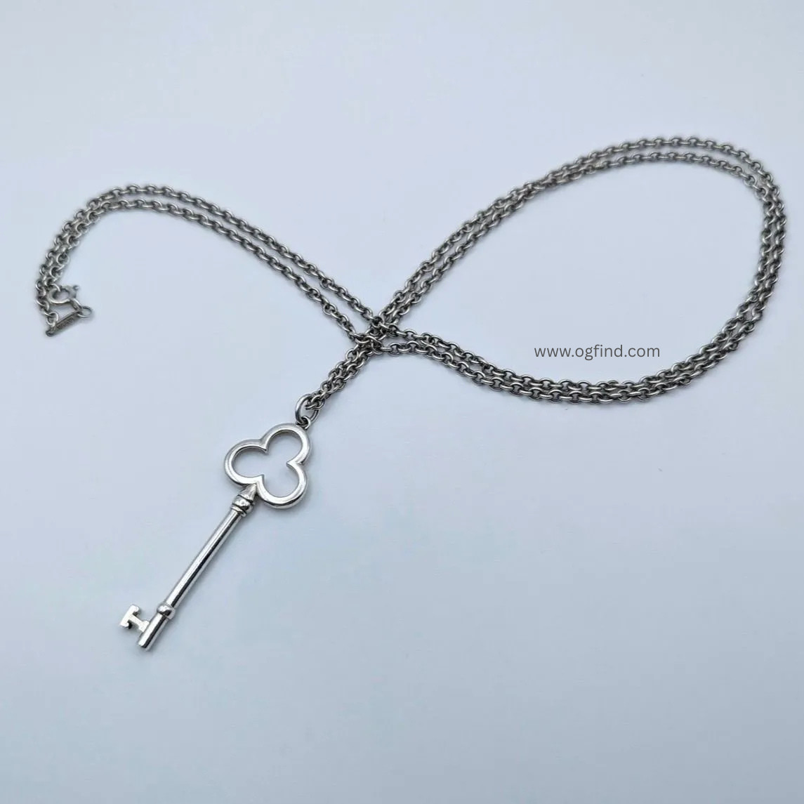 Tiffany & Co. Sterling Silver Clover Key Necklace – 30” Long Chain