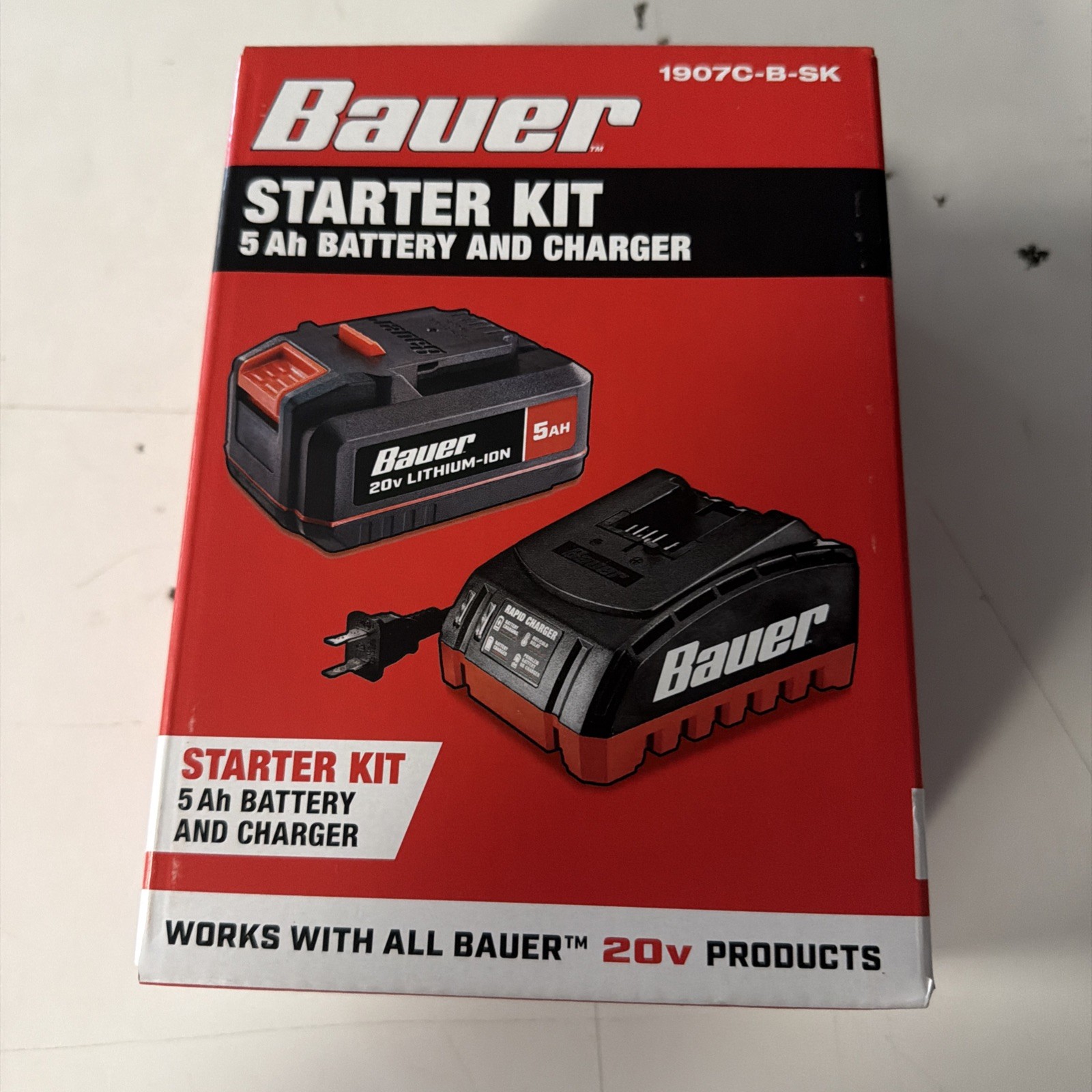 💥BRAND NEW💥BAUER 1907C-B-SK 71272 STARTER KIT 5Ah 20v LITH-ION BATT & CHARGER