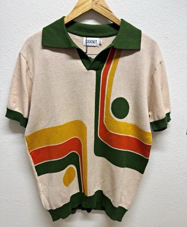 OXKNIT Men\'s Knit Polo Shirt Beige/Green Striped Short Sleeve Cotton XL