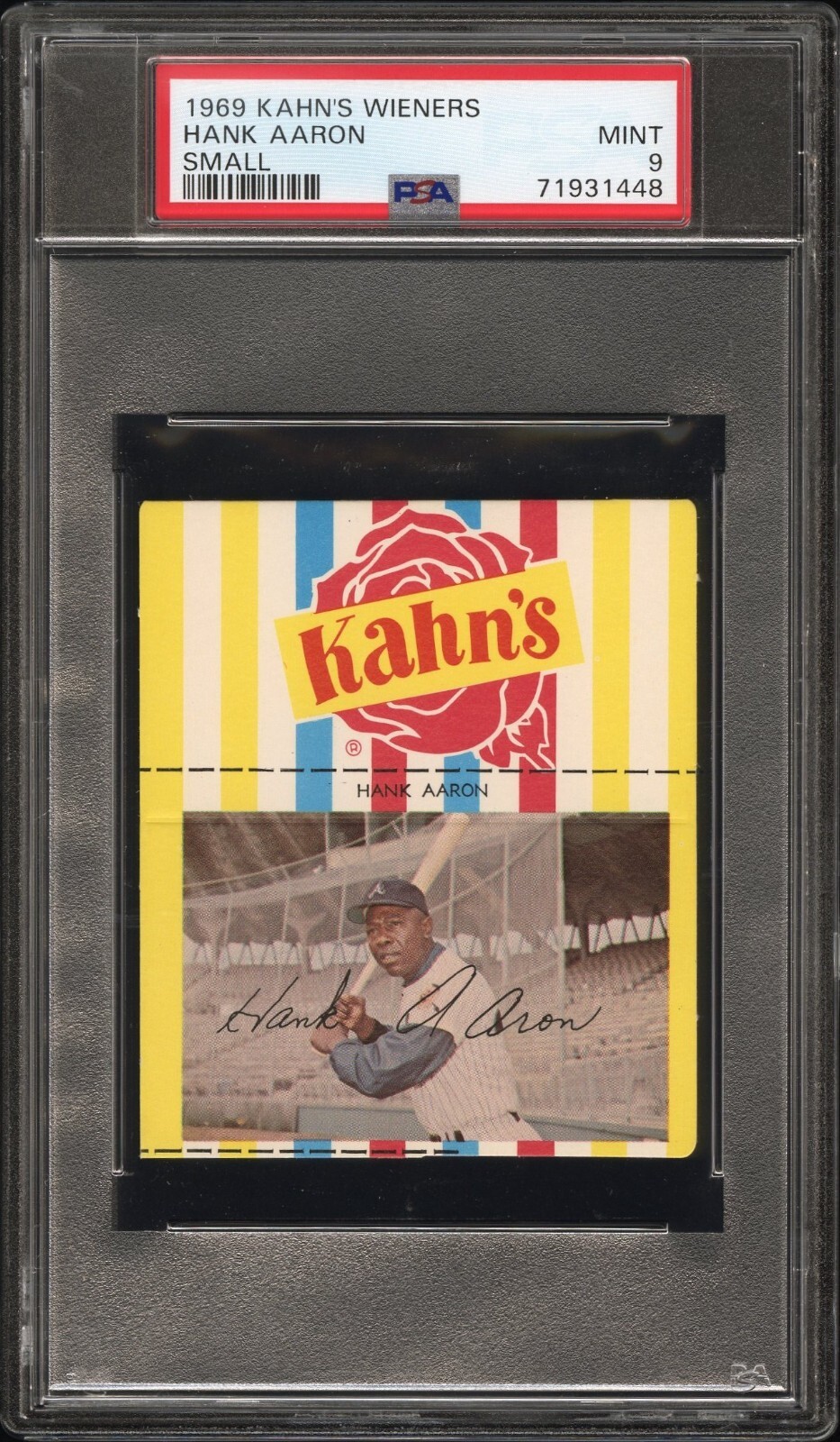 1969 KAHN\'S WIENERS W/TAB SMALL VARIATION HENRY HANK AARON PSA 9 MINT LOW POP