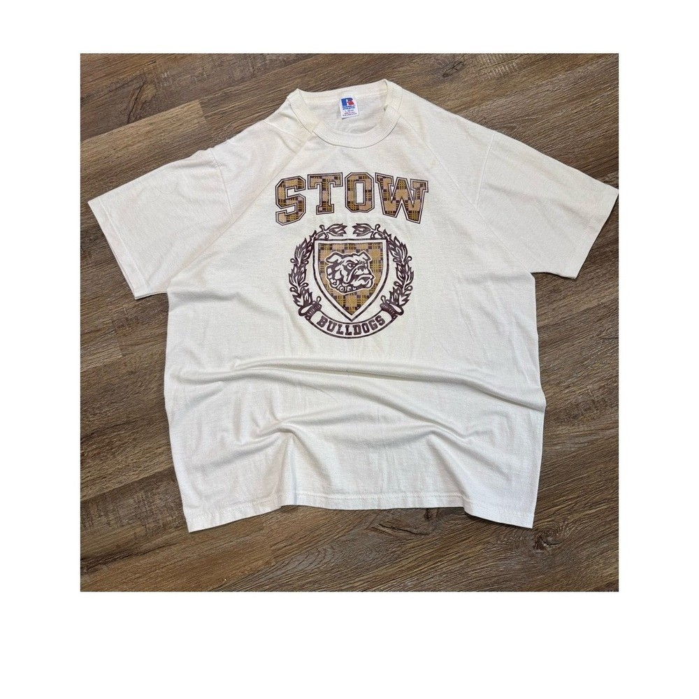 Vintage Russell Athletic Stow Bulldogs T Shirt 90s Single Stitch Cream Large