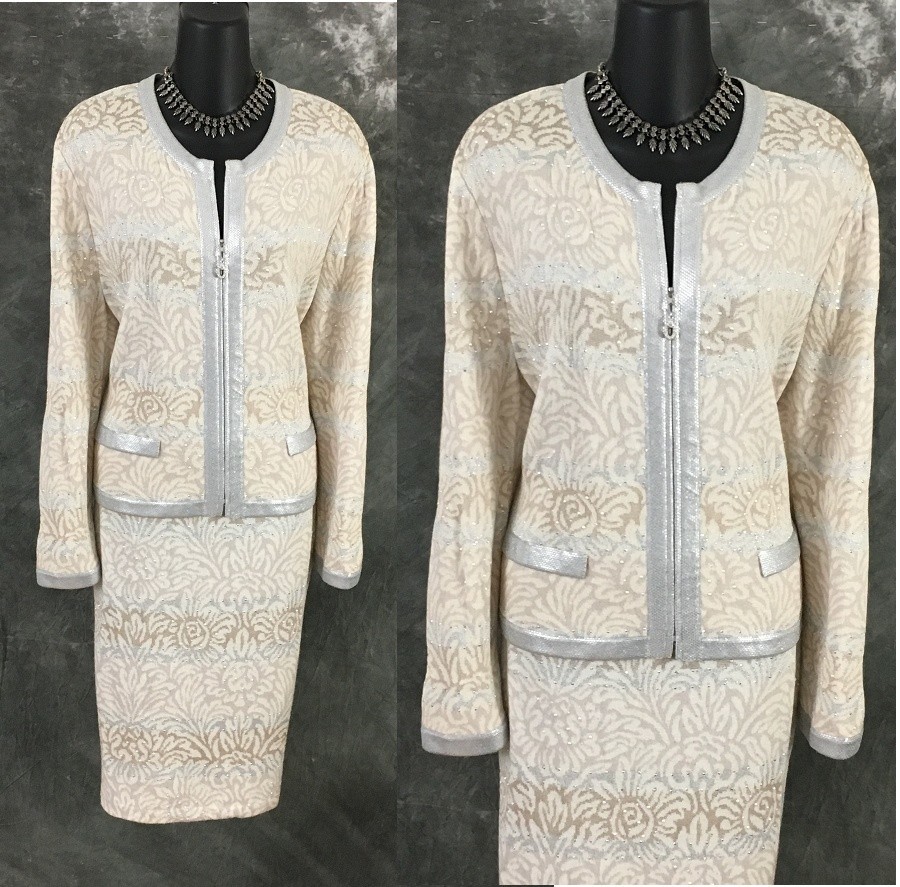 BEAUTIFUL st john evening knit ivory multi rhinestones pearl skirt suit 10 12