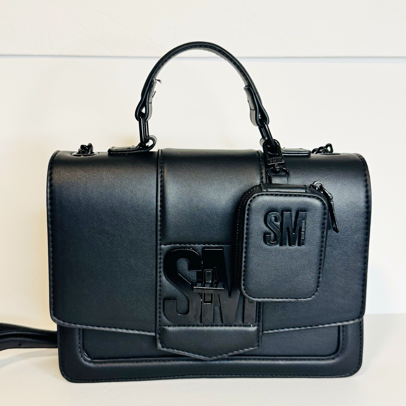 Steve Madden Black Small Satchel Top Handle Chain Strap Turn Lock w/ Pouch Steve Madden Black Small Satchel Top Handle Chain Strap Turn Lock w/ Pouch