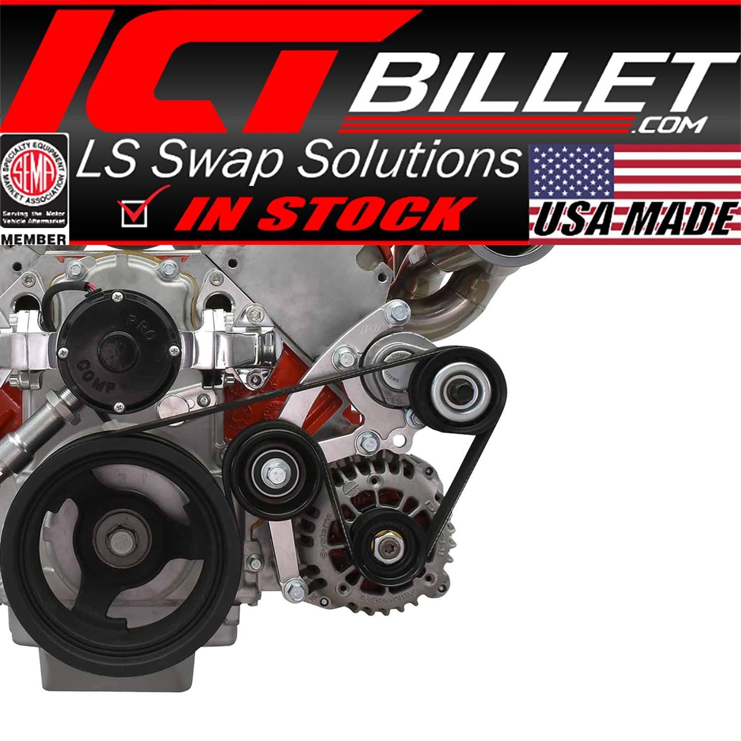LS Low Mount Alternator Bracket for Electric Water Pump w/ Tensioner - Truck
