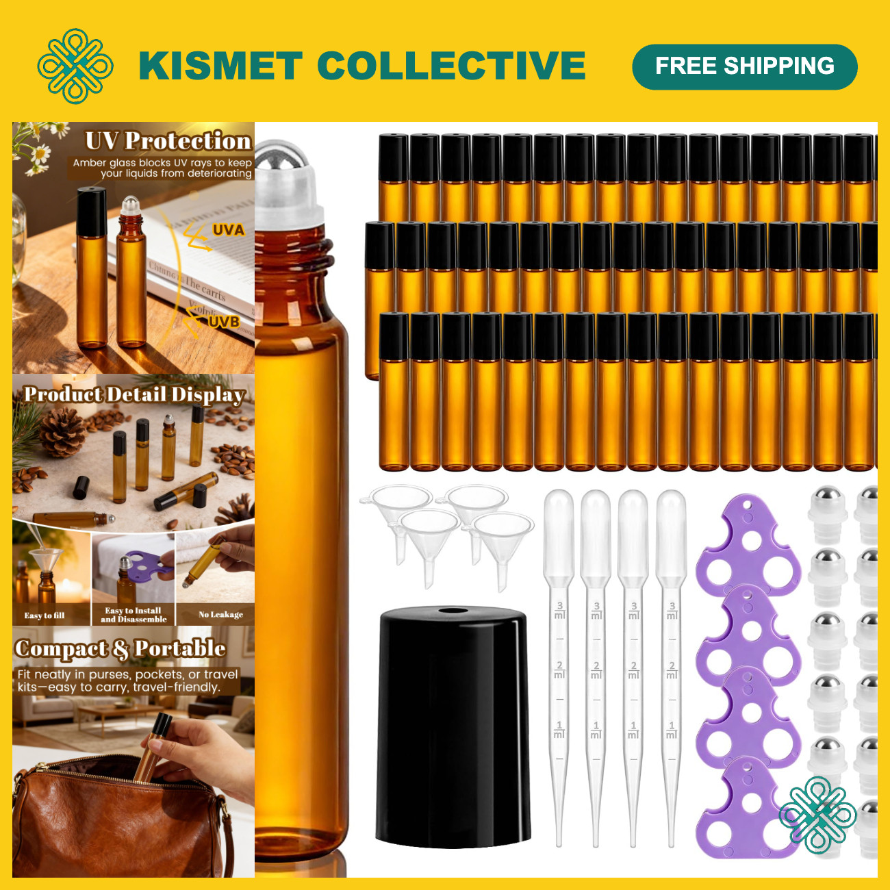 54 Pack 10ml Amber Glass Roller Bottles for Essential Oils, Refillable, Leak-pro 54 Pack 10ml Amber Glass Roller Bottles for Essential Oils, Refillable, Leak-pro
