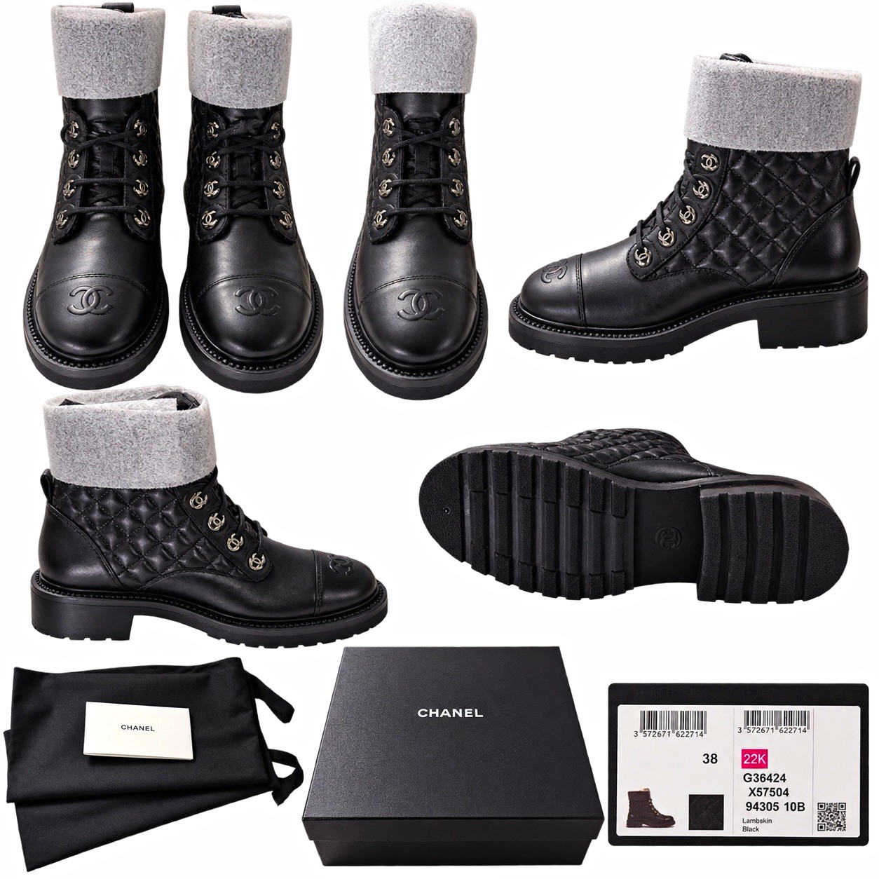 CHANEL Women’s Black Quilted Lambskin Lace-Up Ankle Combat Boots EU 38 CHANEL Women’s Black Quilted Lambskin Lace-Up Ankle Combat Boots EU 38