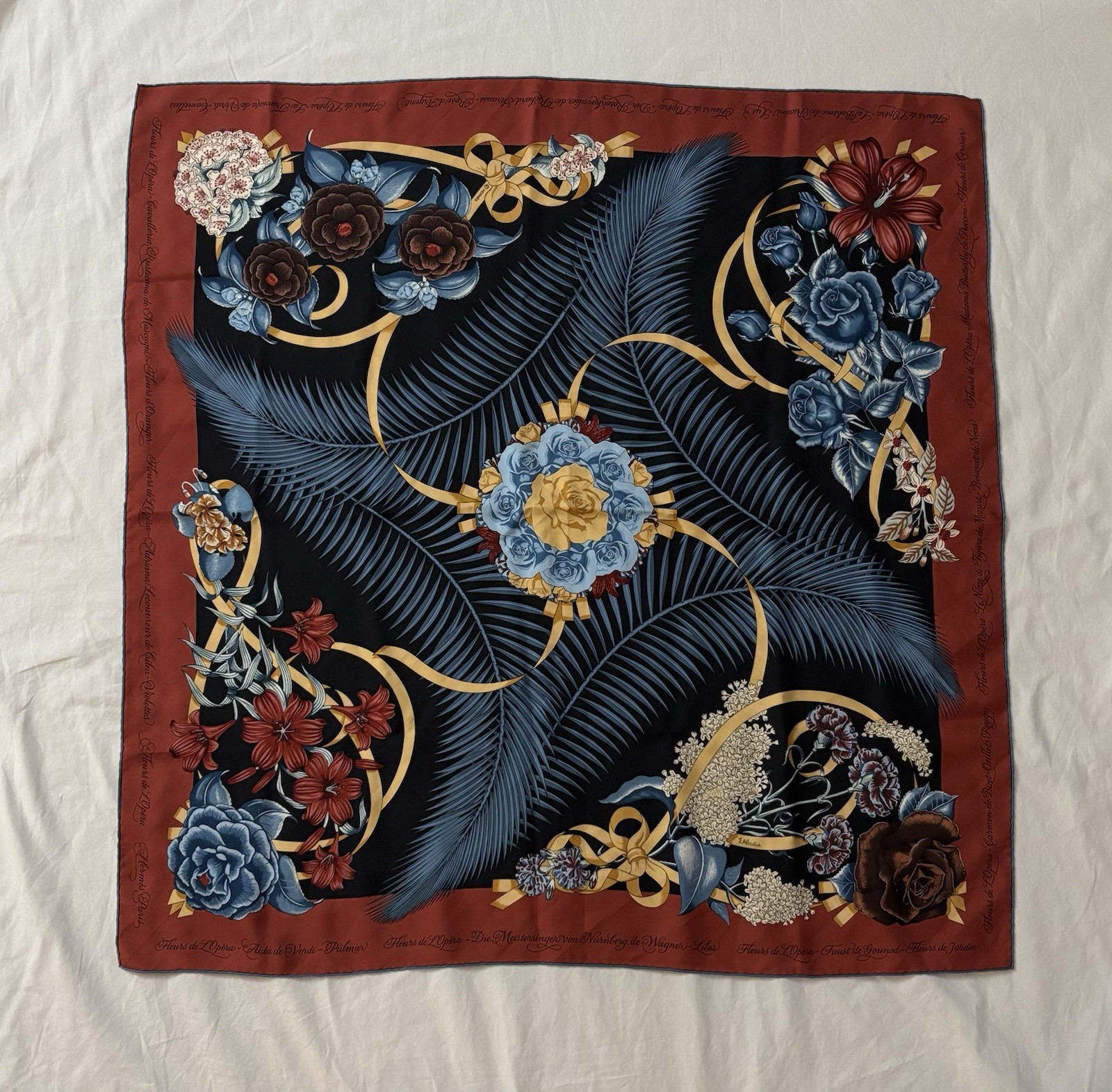 Vintage 1989 Hermès Fleurs de l\'Opera Carré 90 by Julia Abadie in Black/Red