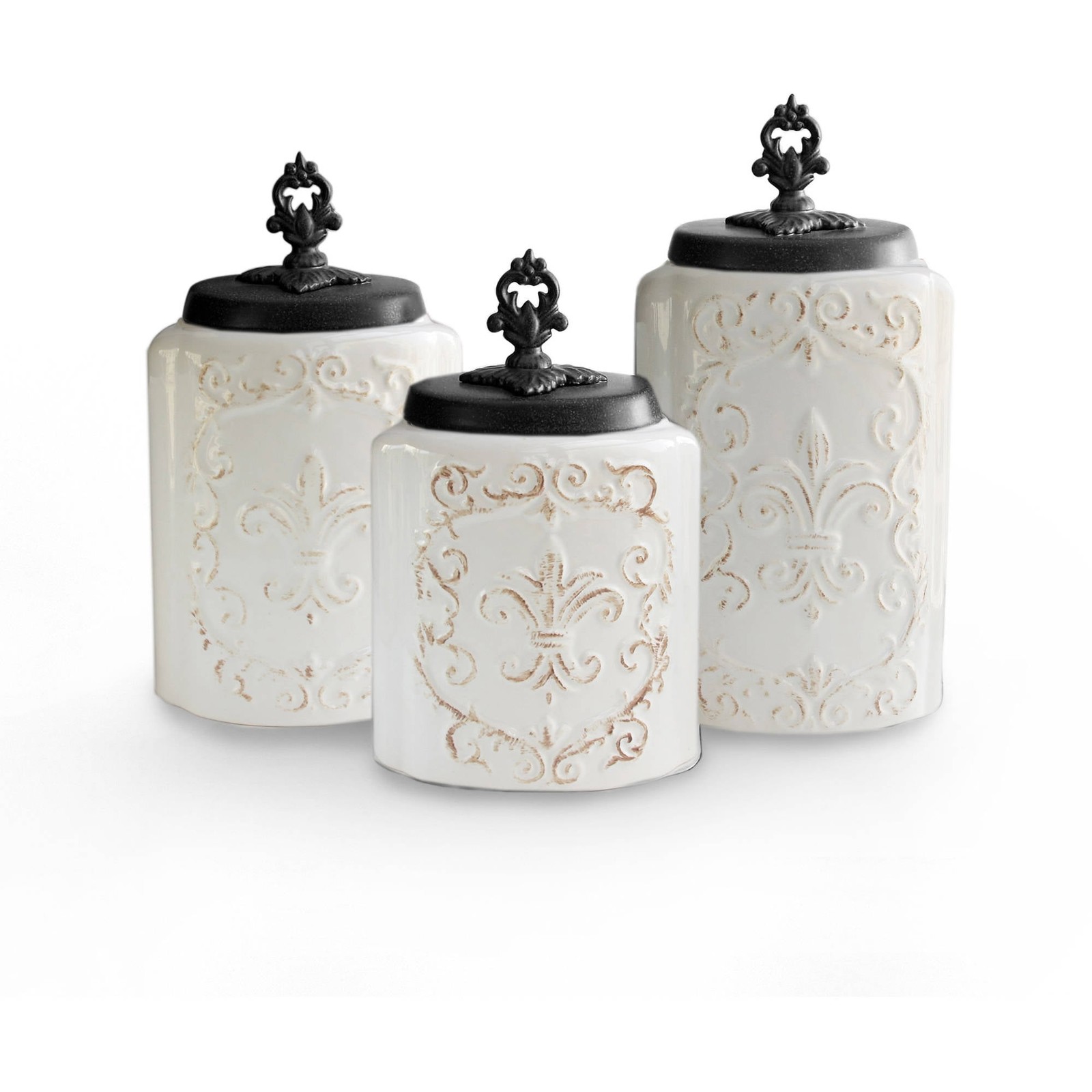 , Round, White Antique Ceramic Kitchen Canister Set of 3, 60.5oz, 74.5oz, 84.5oz , Round, White Antique Ceramic Kitchen Canister Set of 3, 60.5oz, 74.5oz, 84.5oz