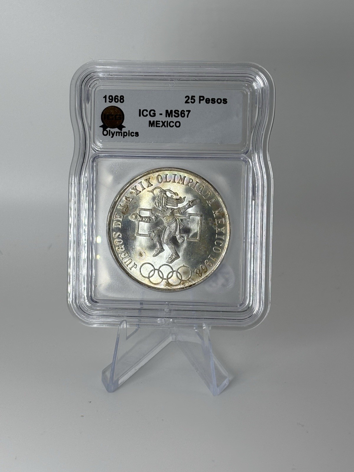 Mexico Silver 25 Peso 1968 Mexico Mint Light Rainbow Toner Olympic ICG MS67 #32