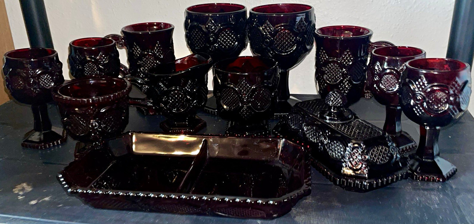 Vintage Avon Cape Cod Ruby Red Glassware Lot 12pc Butter Dish Mugs Goblets Tray