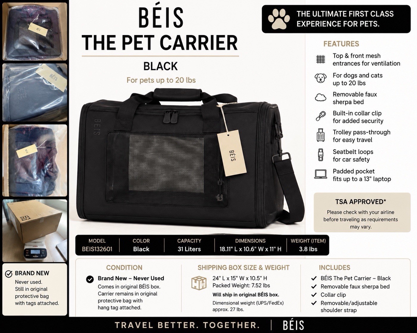 BÉIS The Pet Carrier Black- Dog Or Cat Travel Bag 20 lb TSA Approved NEW w/ Tags