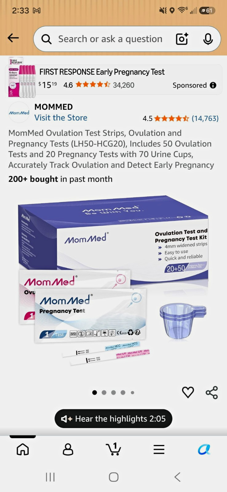 MomMed Pregnancy Test Kit LH50-HCG20 Urine Strips w/ Cup, Analog IVD CE (BOGO)