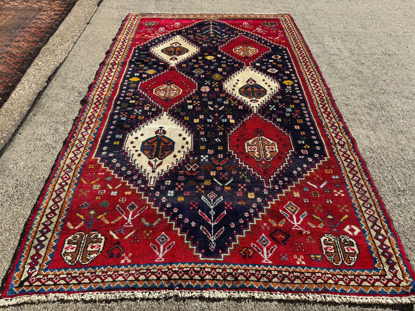 BLUE VINTAGE ORIENTAL RUG ANTIQUE 4x7  handmade handwoven navy red tribal 4x6 ft