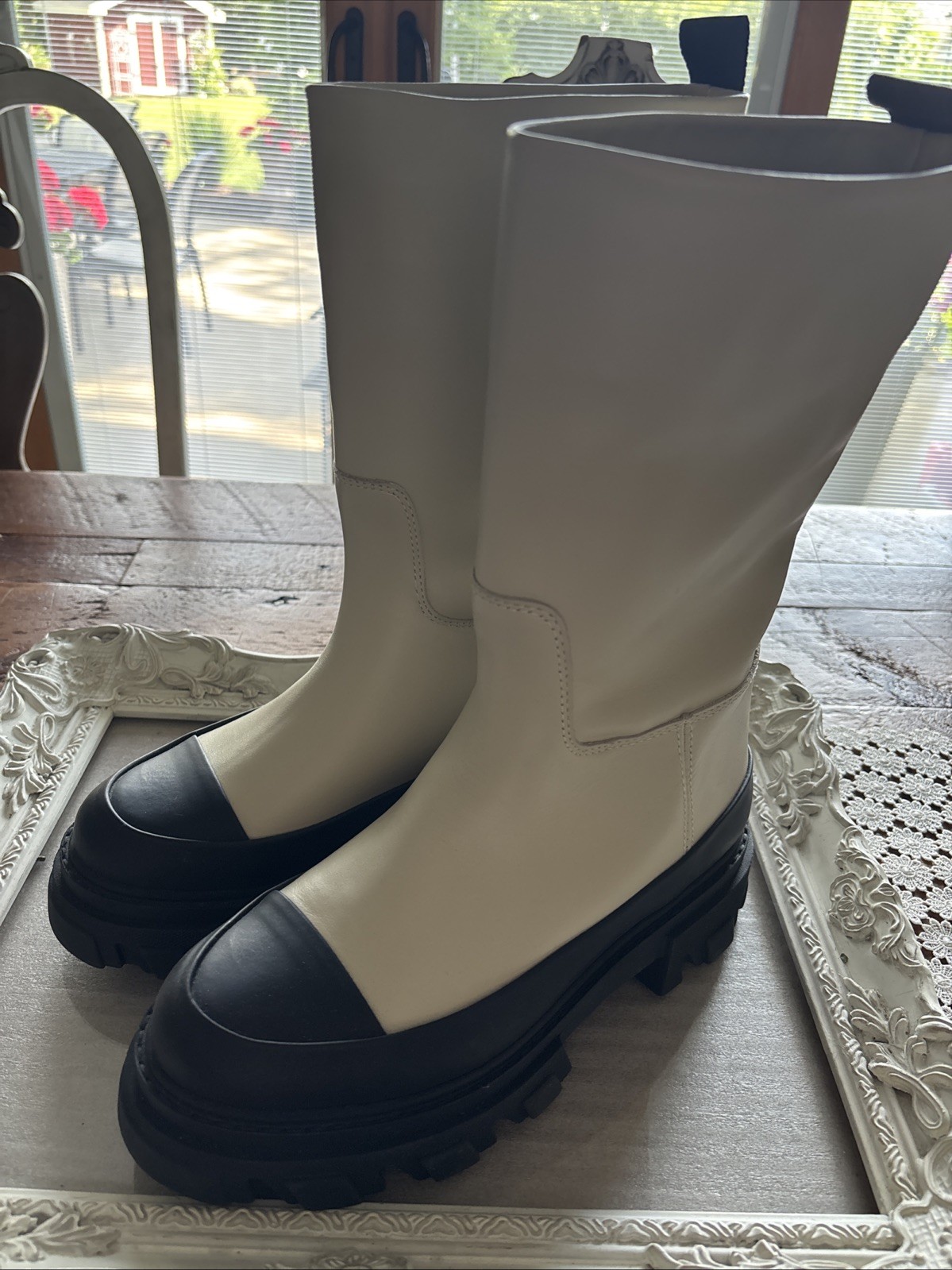 Ganni Tall Leather Cream Boots Size 39