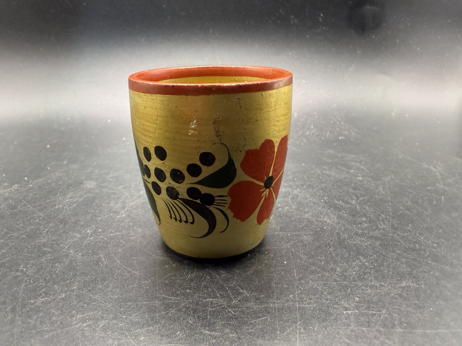 Vintage Khokhloma Hand Painted Wood Cup Made in USSR Russian Folk Art Gold 2.5\