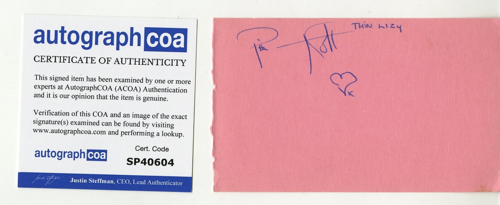 Phil Lynott 3x5 from autograph book, SIGNED, ACOA Certified. Thin Lizzy