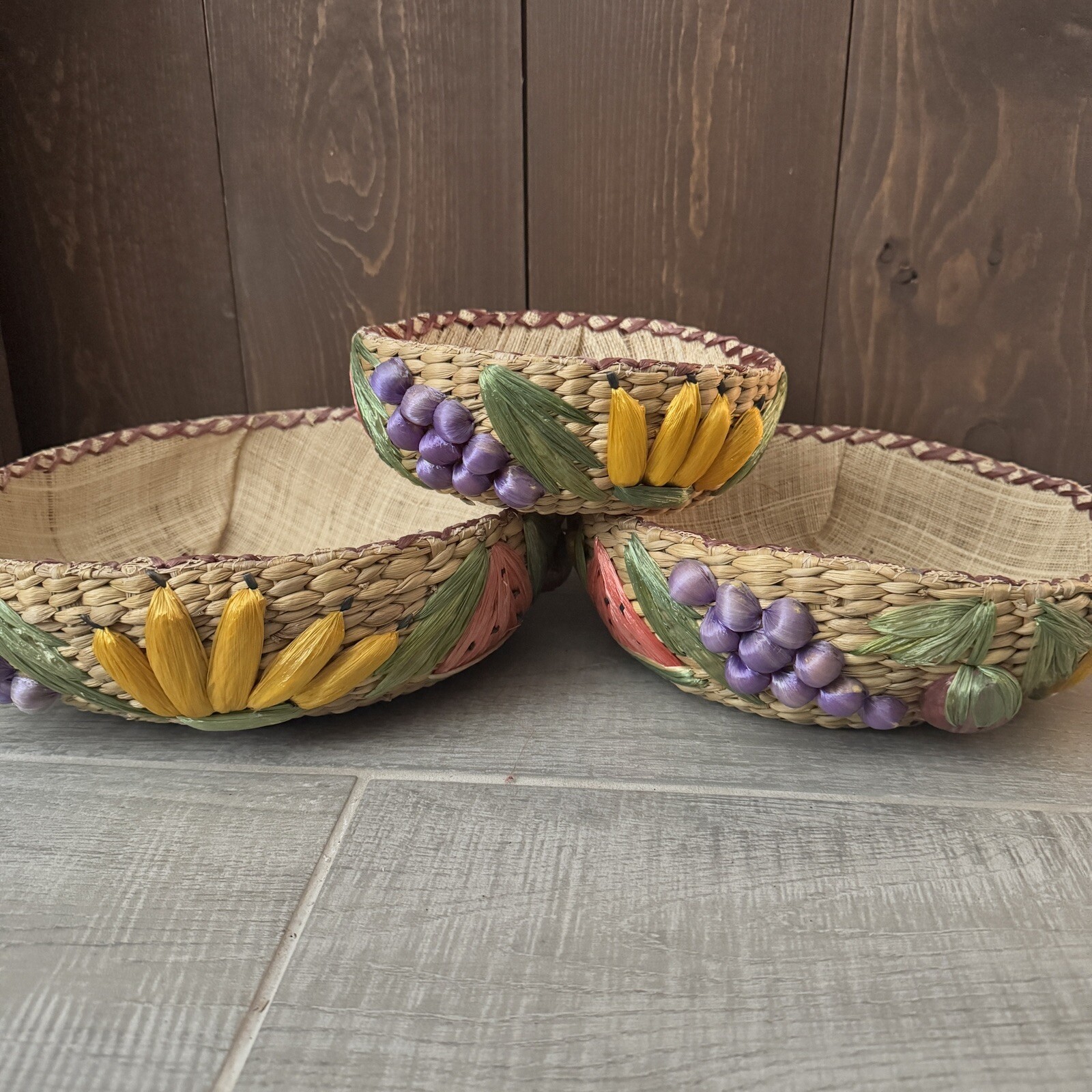 Set of Three 3 Vintage Round Nesting Baskets with Linings Hand Woven Raffia