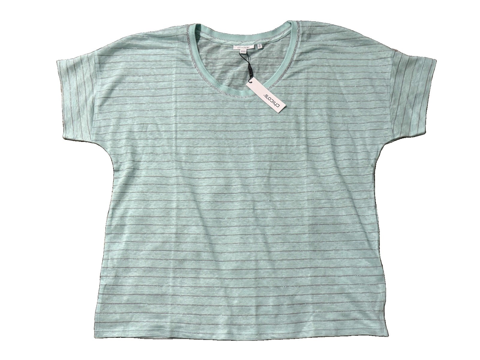 Chico’s Women’s Linen Stripe Easy Tee Top Knit Teal Waters Size 3 XL