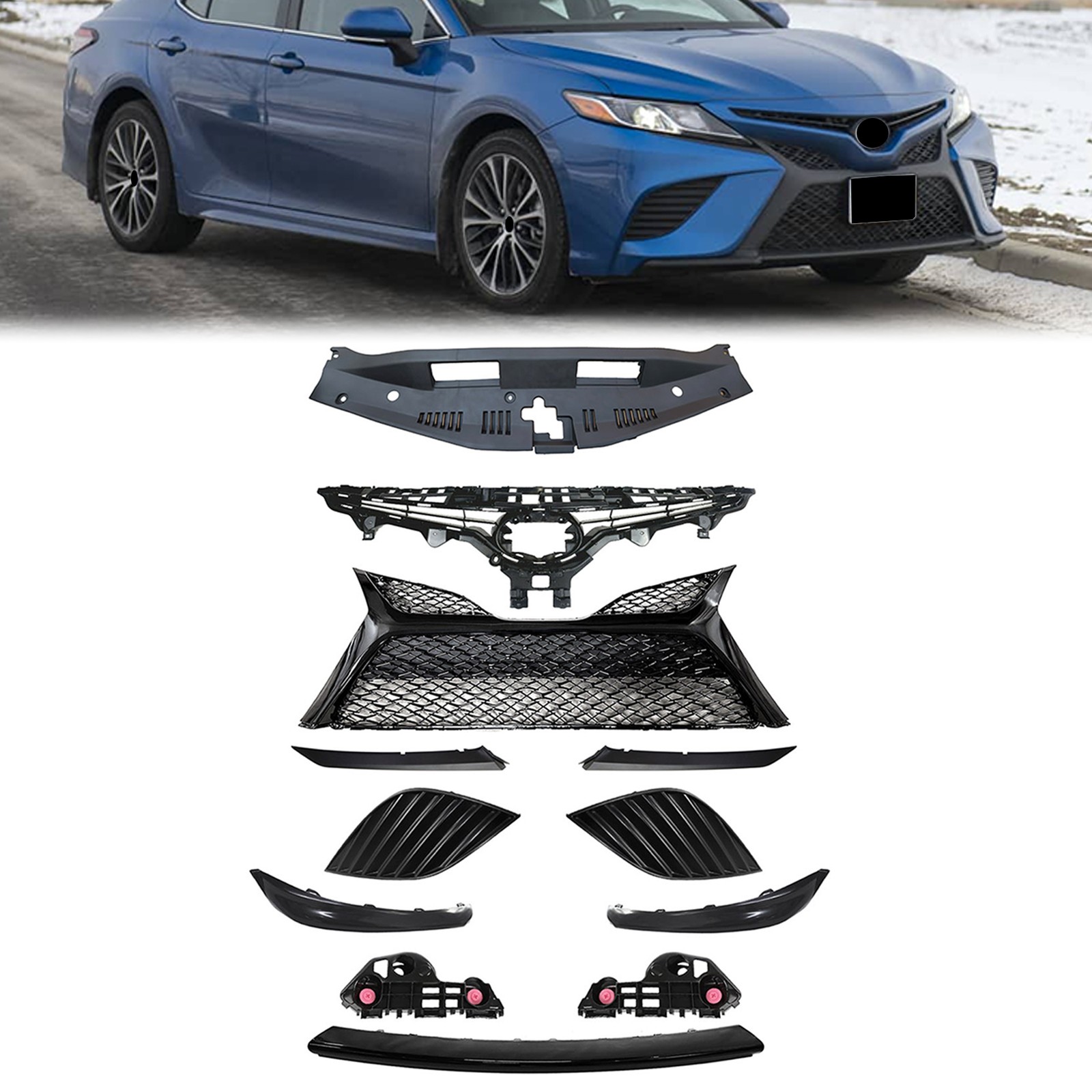 Fit 2018-2020 Camry SE Front Bumper Upper Lower Grille Mesh Molding Trim Cover