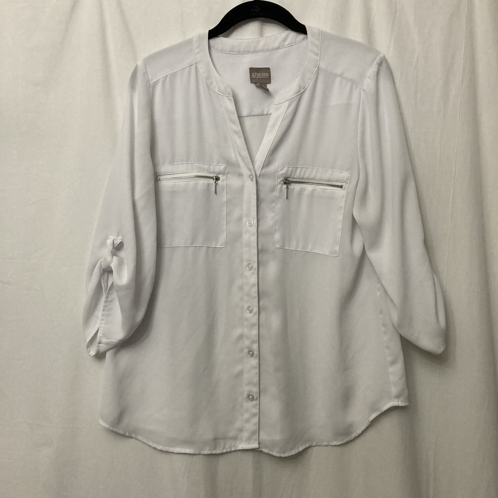 Chico\'s White Button-Up Top w/Zipper Pockets & Roll-Tab Sleeves - SZ 1 (M)