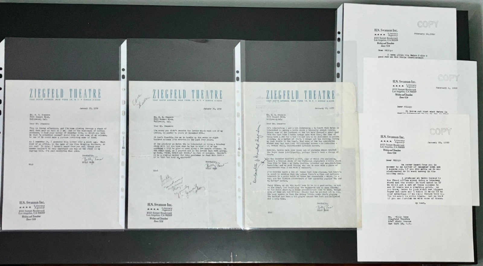 Billy Rose 1950s 3 SIGNED Letters Ziegfeld Theater H.N. Swanson Archive COA RARE